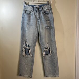 Aili Artisan Straight Leg Jeans Women's Sz 27 Light Wash Heavily Distressed